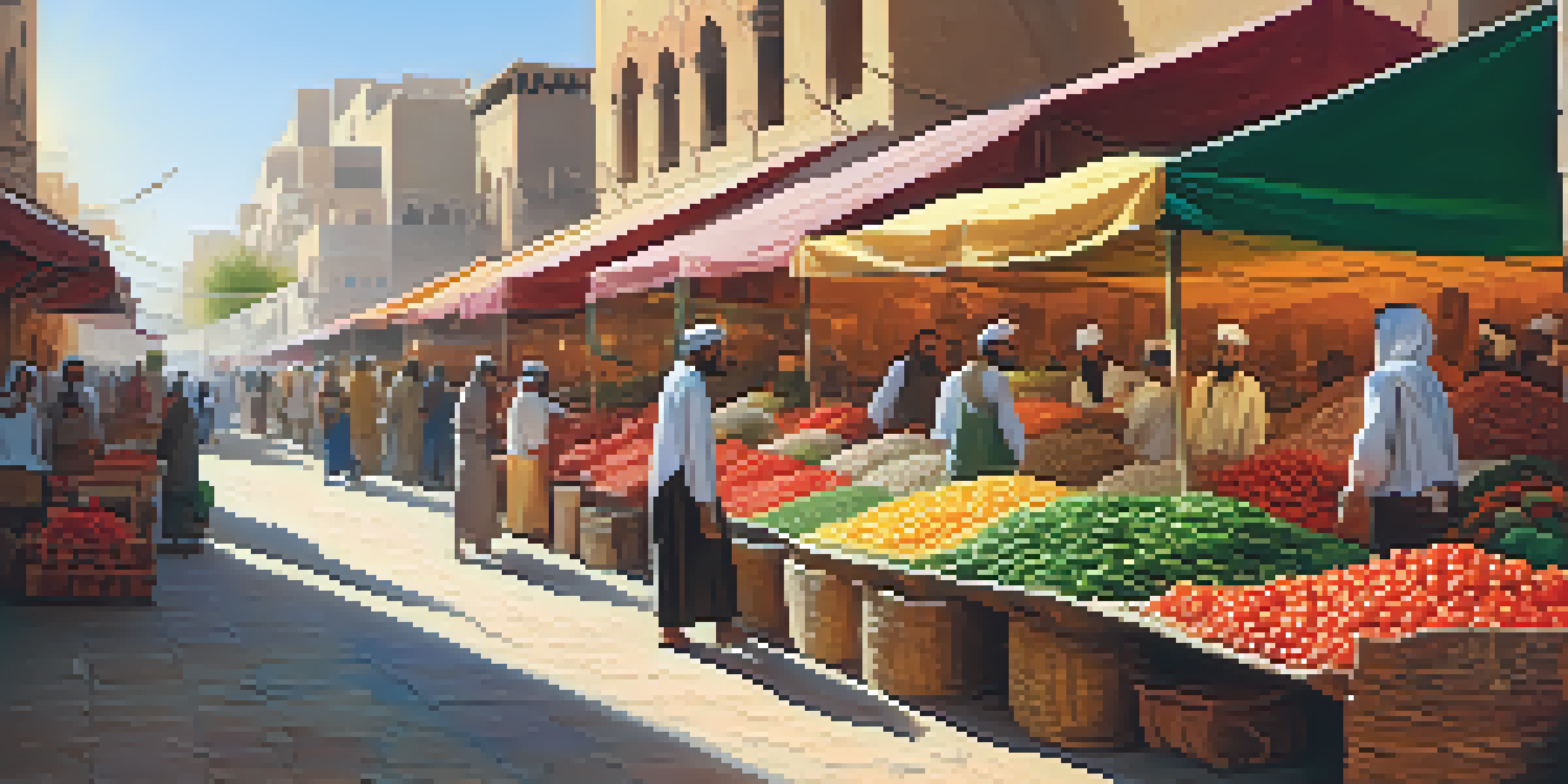 A bustling Middle Eastern market with colorful vegetables and spices, sunlight filtering through an awning.