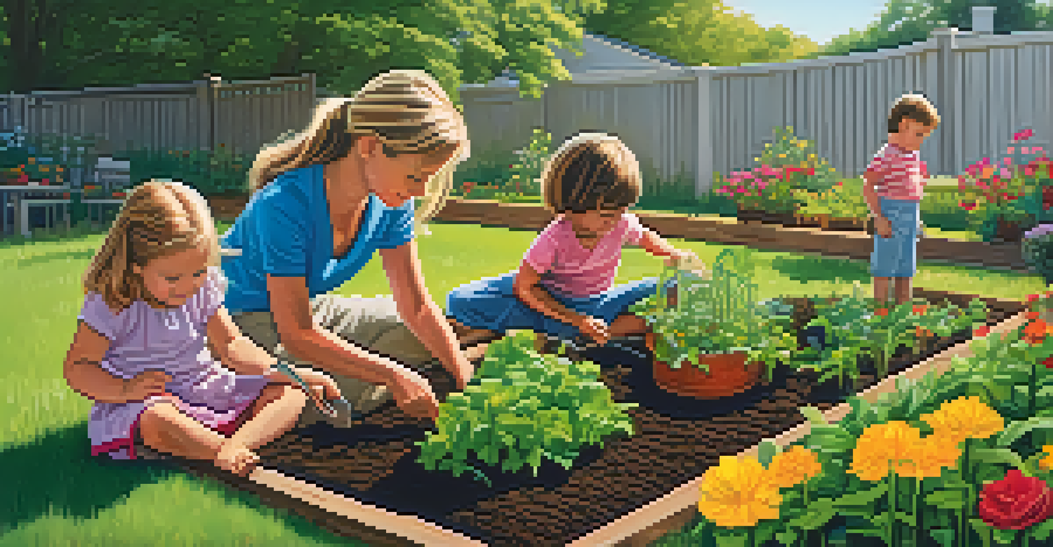 A family planting vegetables in a backyard garden, with children helping, surrounded by lush greenery and flowers under a blue sky.