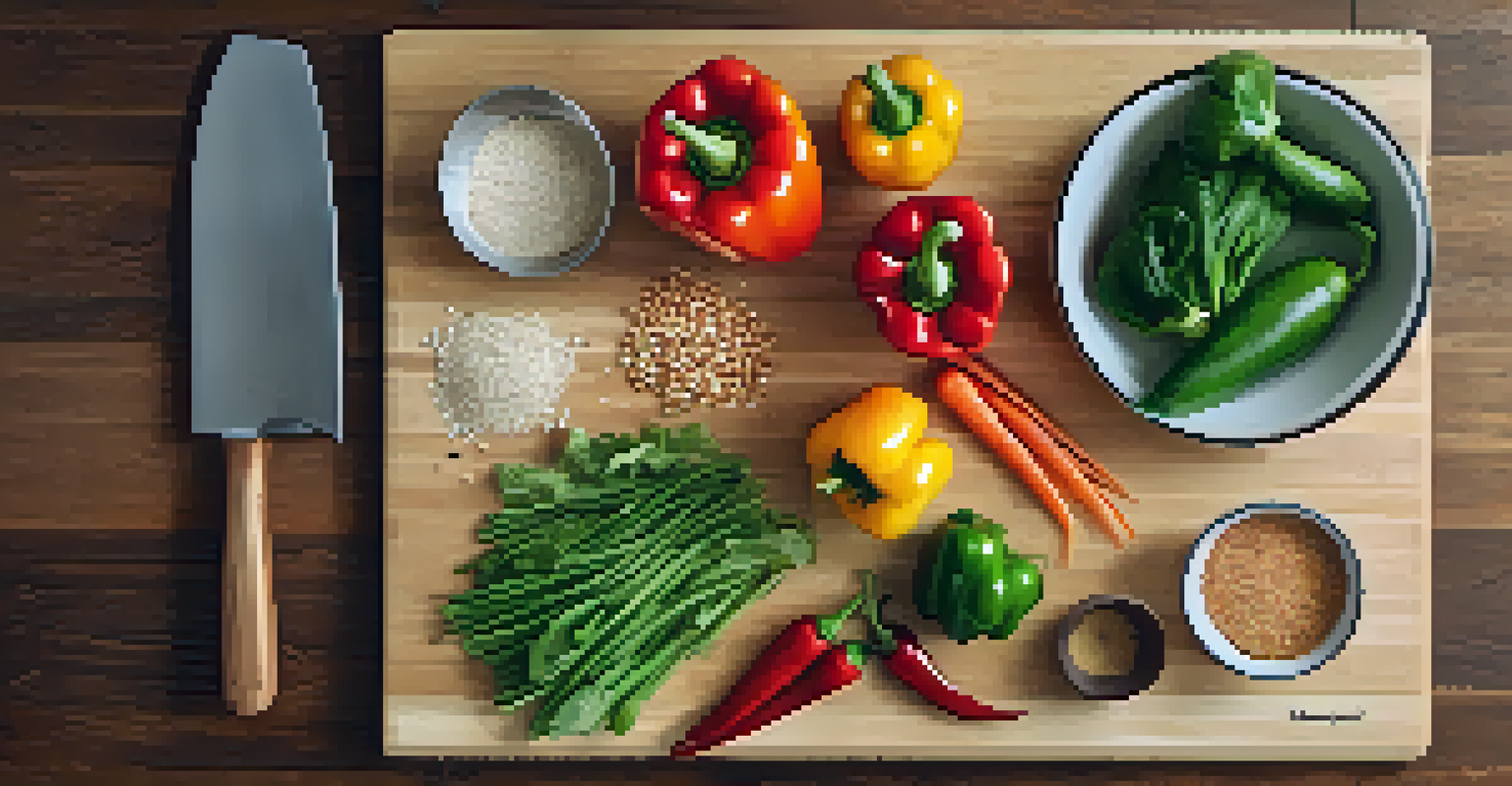 An overhead view of a wooden chopping board with fresh vegetables, grains, and cooking tools arranged artfully.