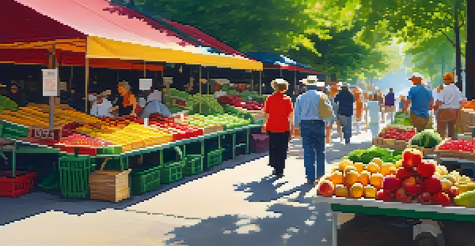 A bustling farmer's market filled with colorful fruits and vegetables, with people shopping and engaging in conversation under the warm sunlight.