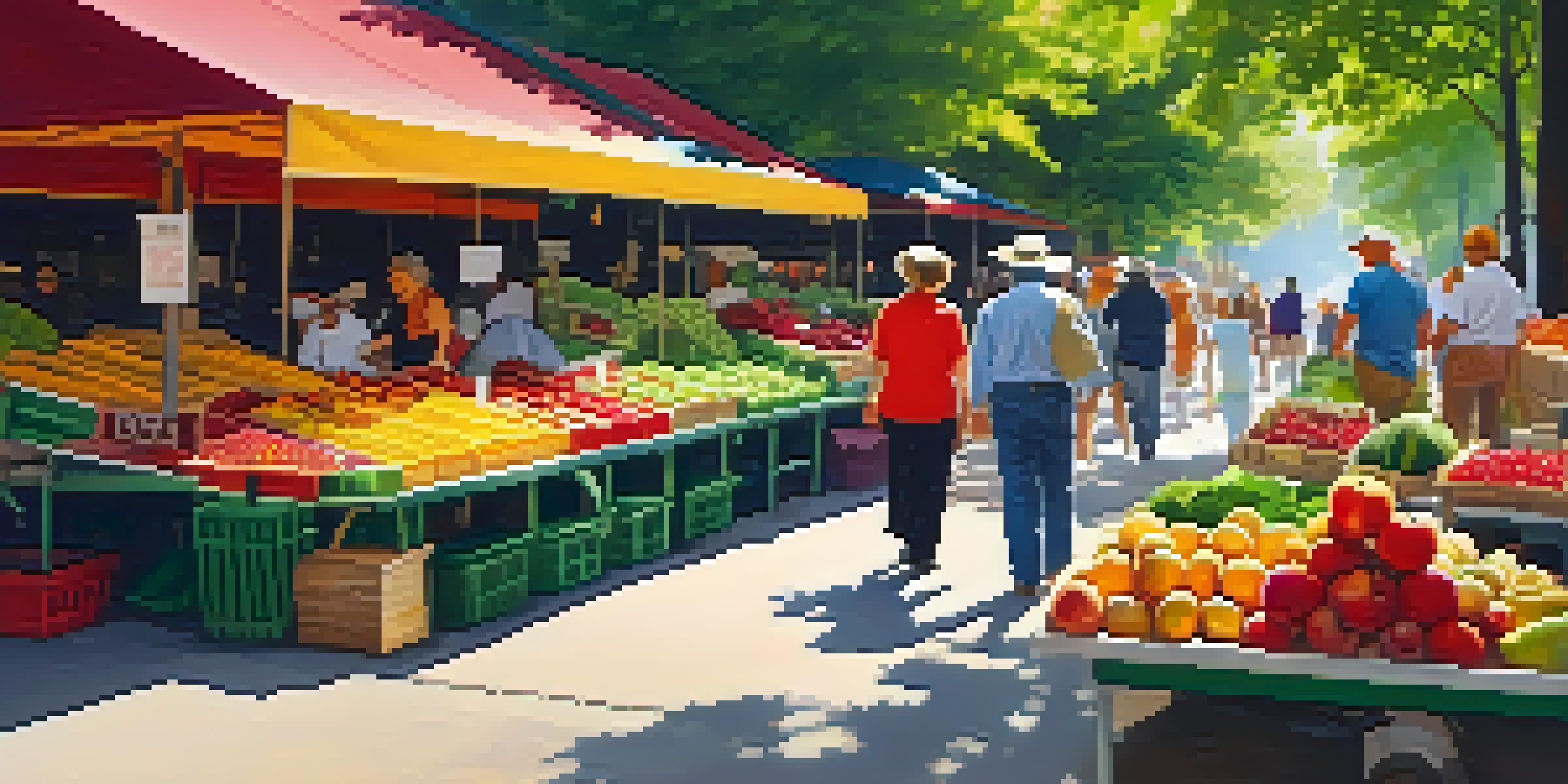 A bustling farmer's market filled with colorful fruits and vegetables, with people shopping and engaging in conversation under the warm sunlight.
