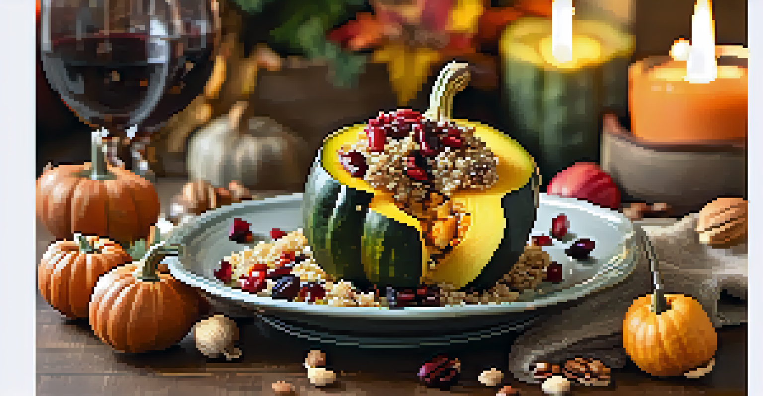 A roasted acorn squash filled with quinoa, cranberries, and nuts on a decorated table.