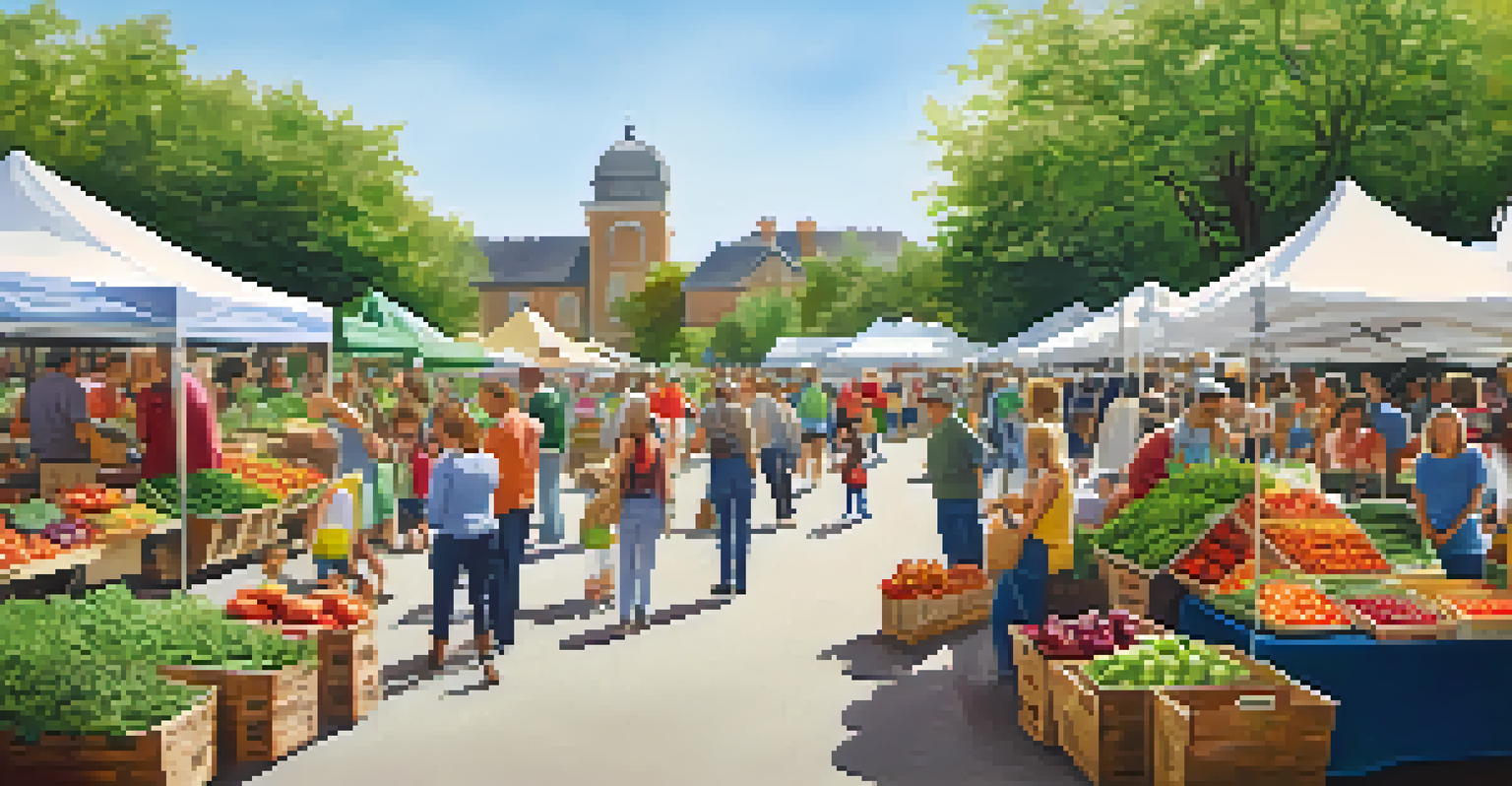 A lively farmer's market with families enjoying fresh organic produce and learning about plant-based diets in a sunny outdoor setting.