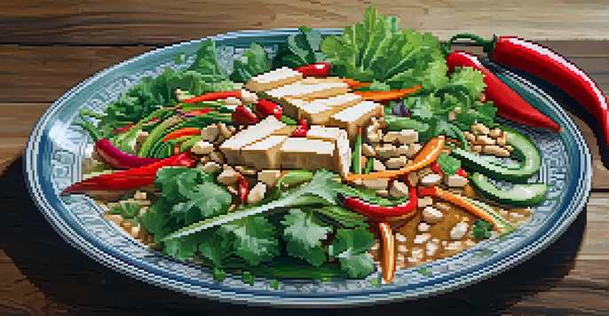 A colorful plate of Southeast Asian vegetarian food with fresh vegetables, herbs, tofu, and peanut sauce on a wooden table.