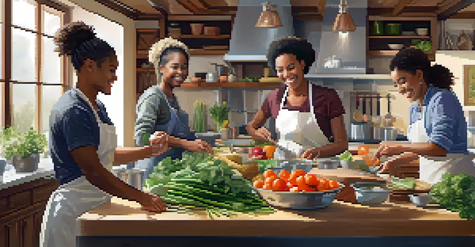 A warm kitchen scene with friends cooking together in a vegetarian cooking class, filled with fresh ingredients and laughter.