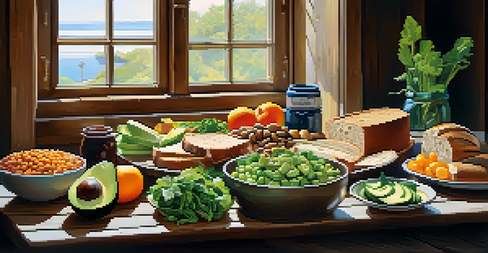 A beautifully arranged vegetarian meal with colorful fruits, vegetables, and whole grains laid out on a wooden table, illuminated by natural sunlight.