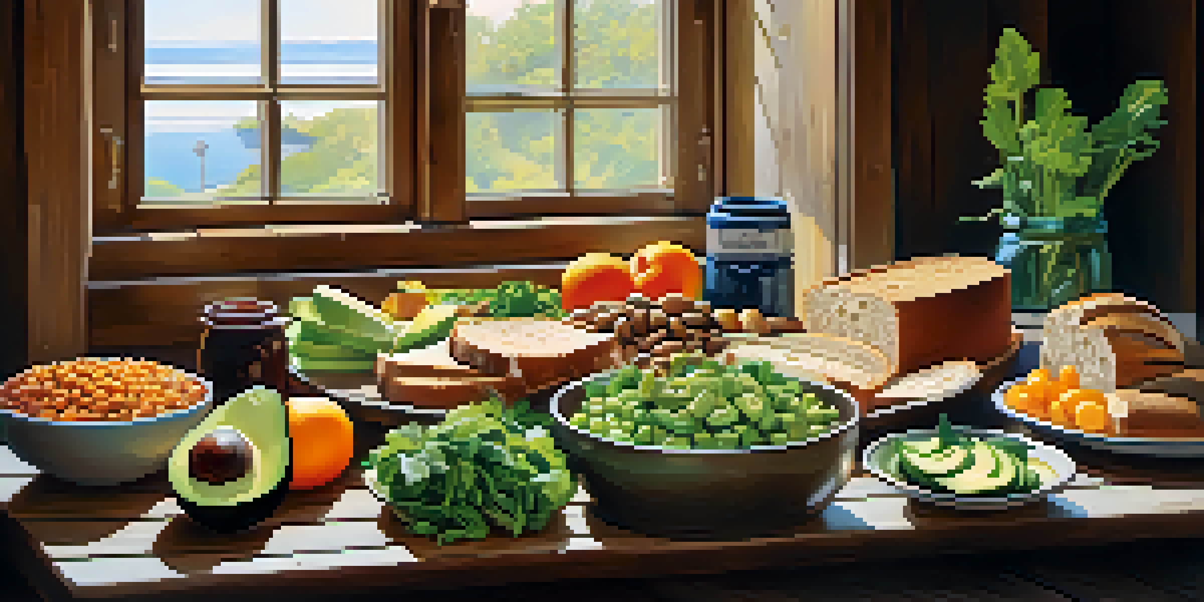A beautifully arranged vegetarian meal with colorful fruits, vegetables, and whole grains laid out on a wooden table, illuminated by natural sunlight.