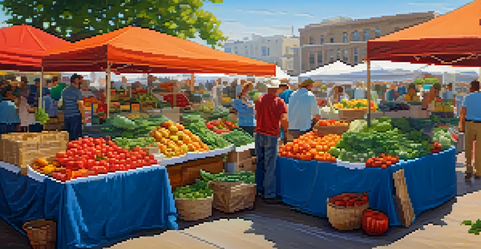 A colorful farmer's market with various fruits and vegetables on display, featuring local farmers and customers enjoying the atmosphere.