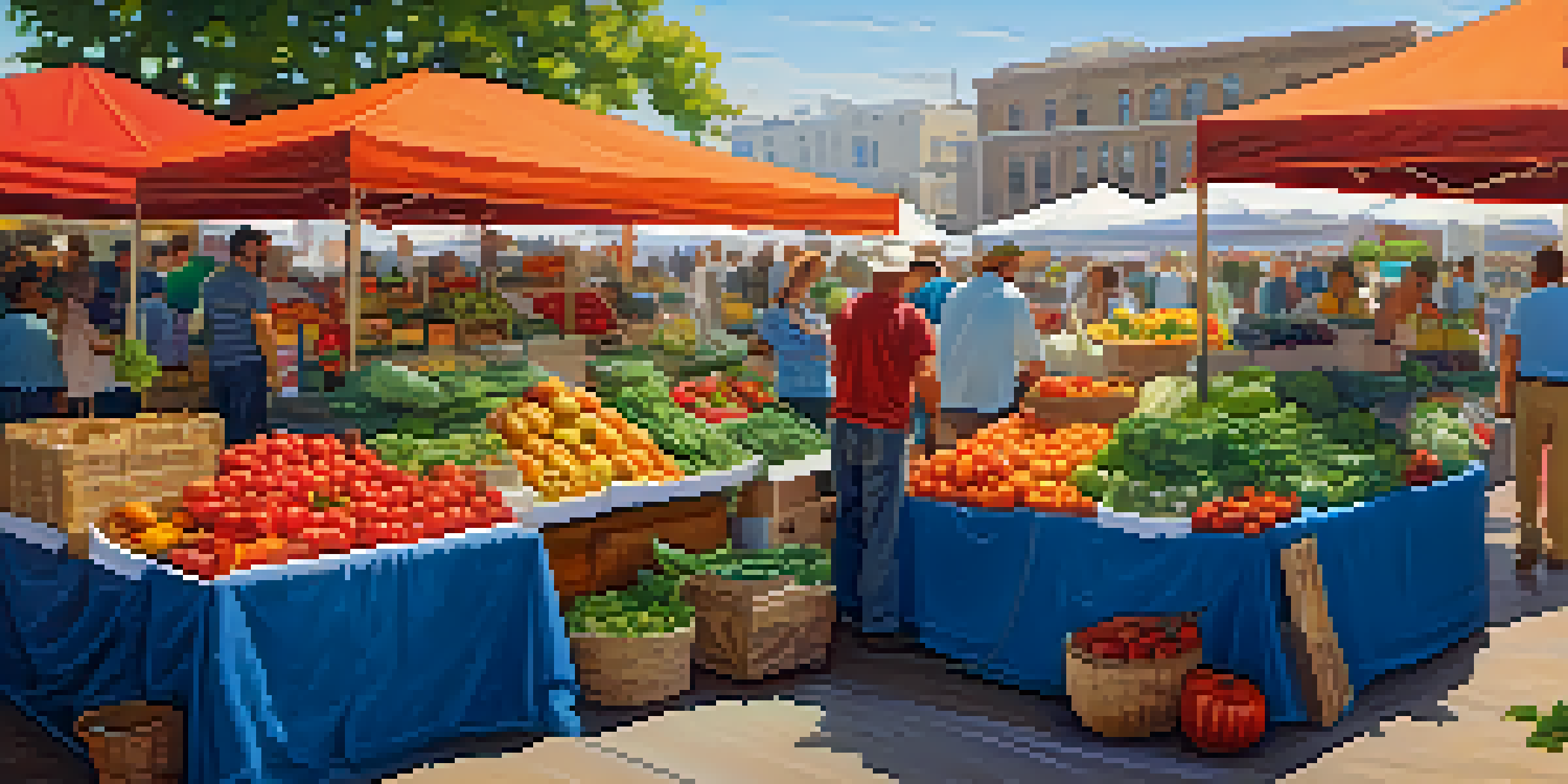 A colorful farmer's market with various fruits and vegetables on display, featuring local farmers and customers enjoying the atmosphere.