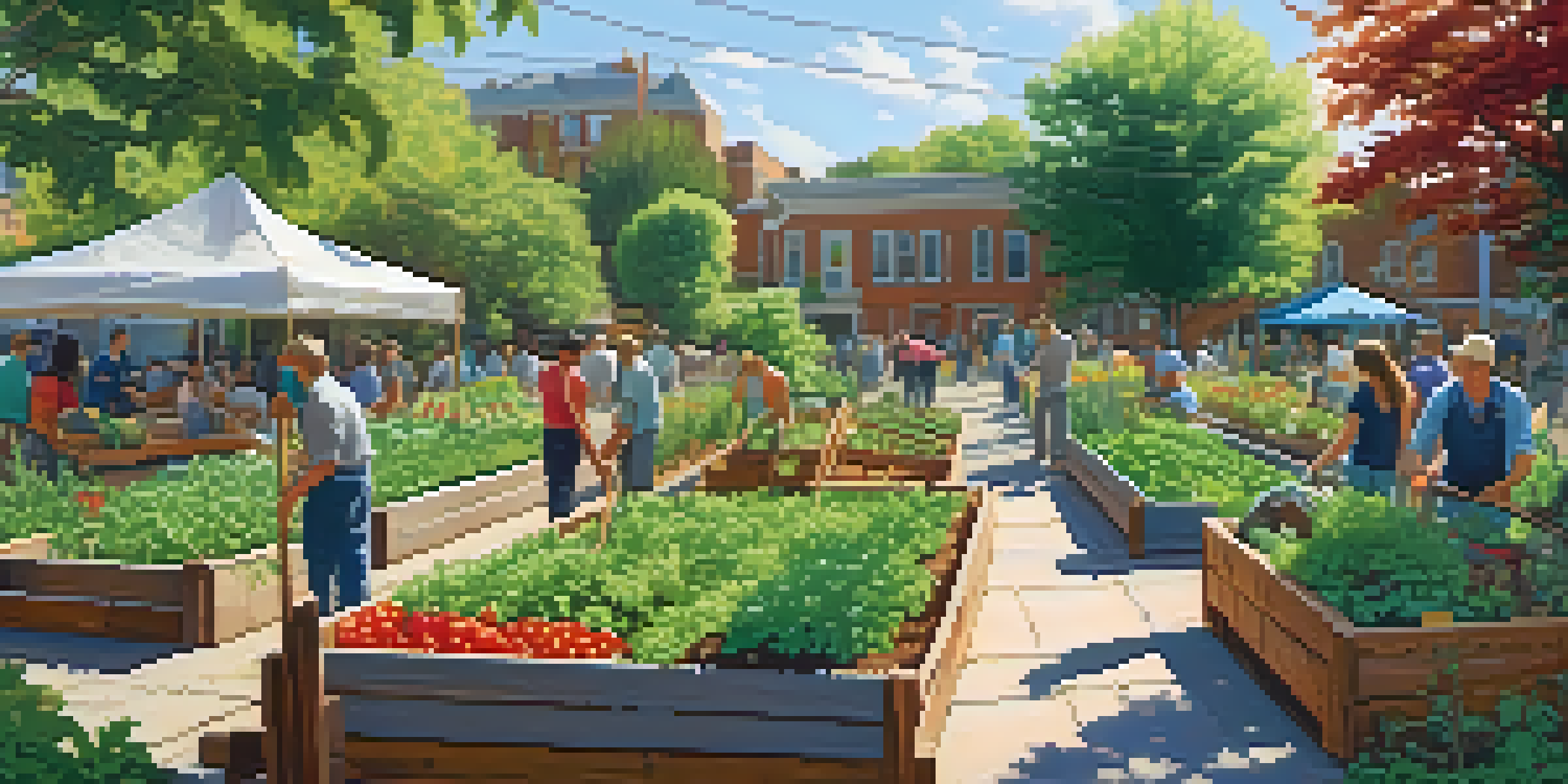A diverse group of people working together in a community garden, surrounded by colorful vegetables and plants under a sunny sky.