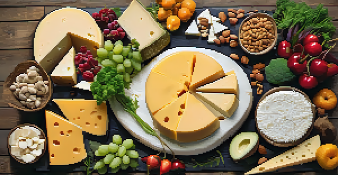 A colorful platter of assorted plant-based cheeses, fresh fruits, and vegetables on a wooden table.