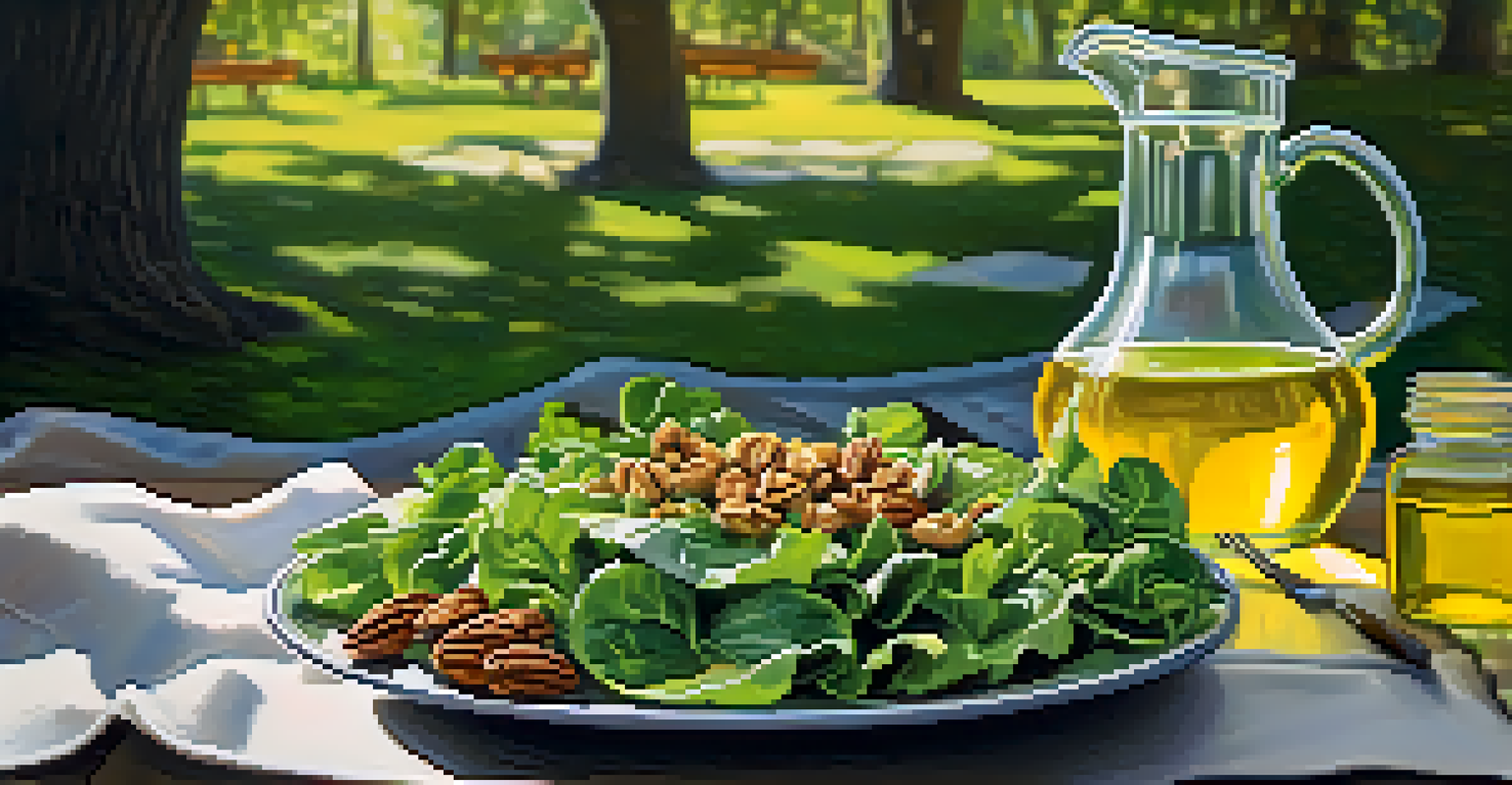 A tranquil picnic scene with a salad topped with walnuts in a garden, surrounded by greenery and sunlight.