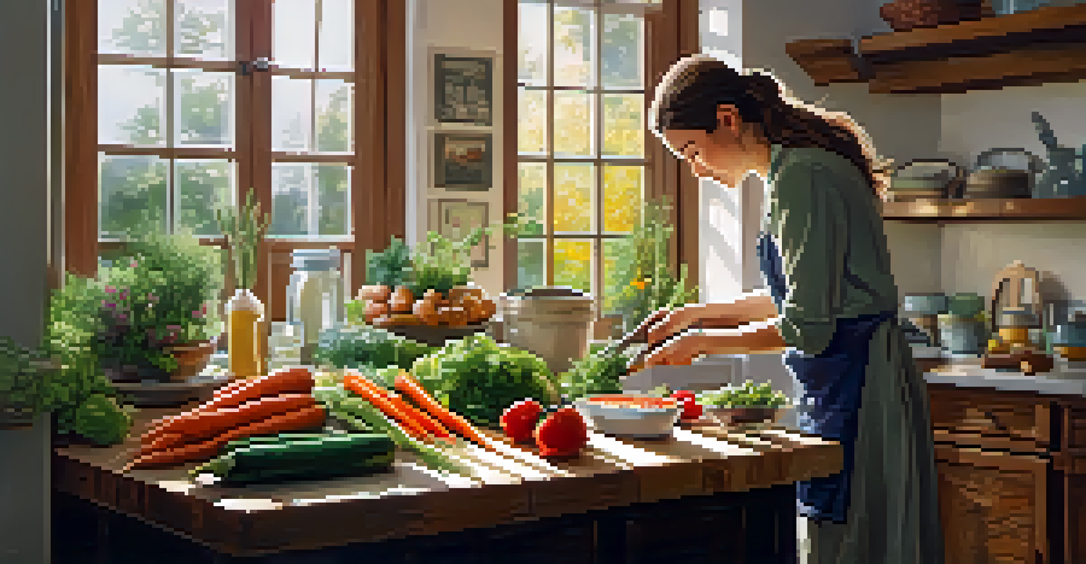 A cozy kitchen scene with a person chopping seasonal vegetables on a wooden cutting board, warm light streaming in from a window.