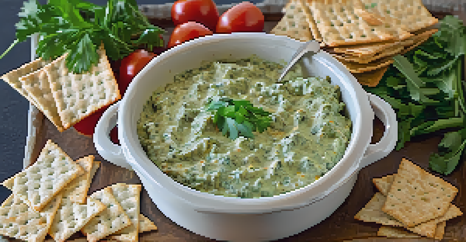 A bowl of creamy vegan spinach artichoke dip surrounded by pita chips and fresh vegetables.