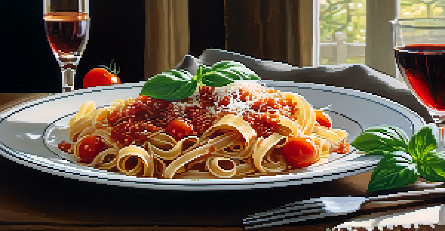 A plate of whole grain pasta with tomato sauce and basil on a beautifully set dining table with a candle and wine.