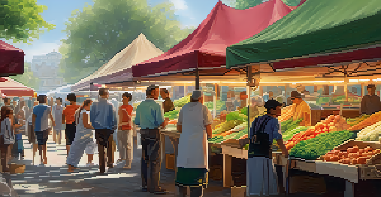 An outdoor market with stalls selling plant-based foods and colorful banners indicating vegetarian options.
