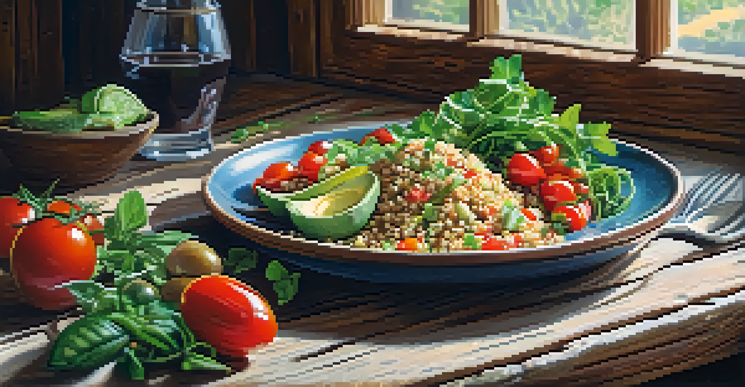 A colorful vegetarian meal featuring quinoa salad with fresh vegetables on a wooden table.