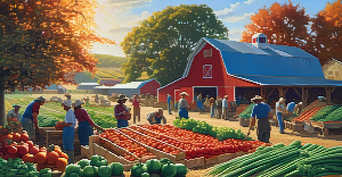 A community farm with people harvesting vegetables, colorful produce in the foreground, and a rustic barn in the background under a sunny sky.