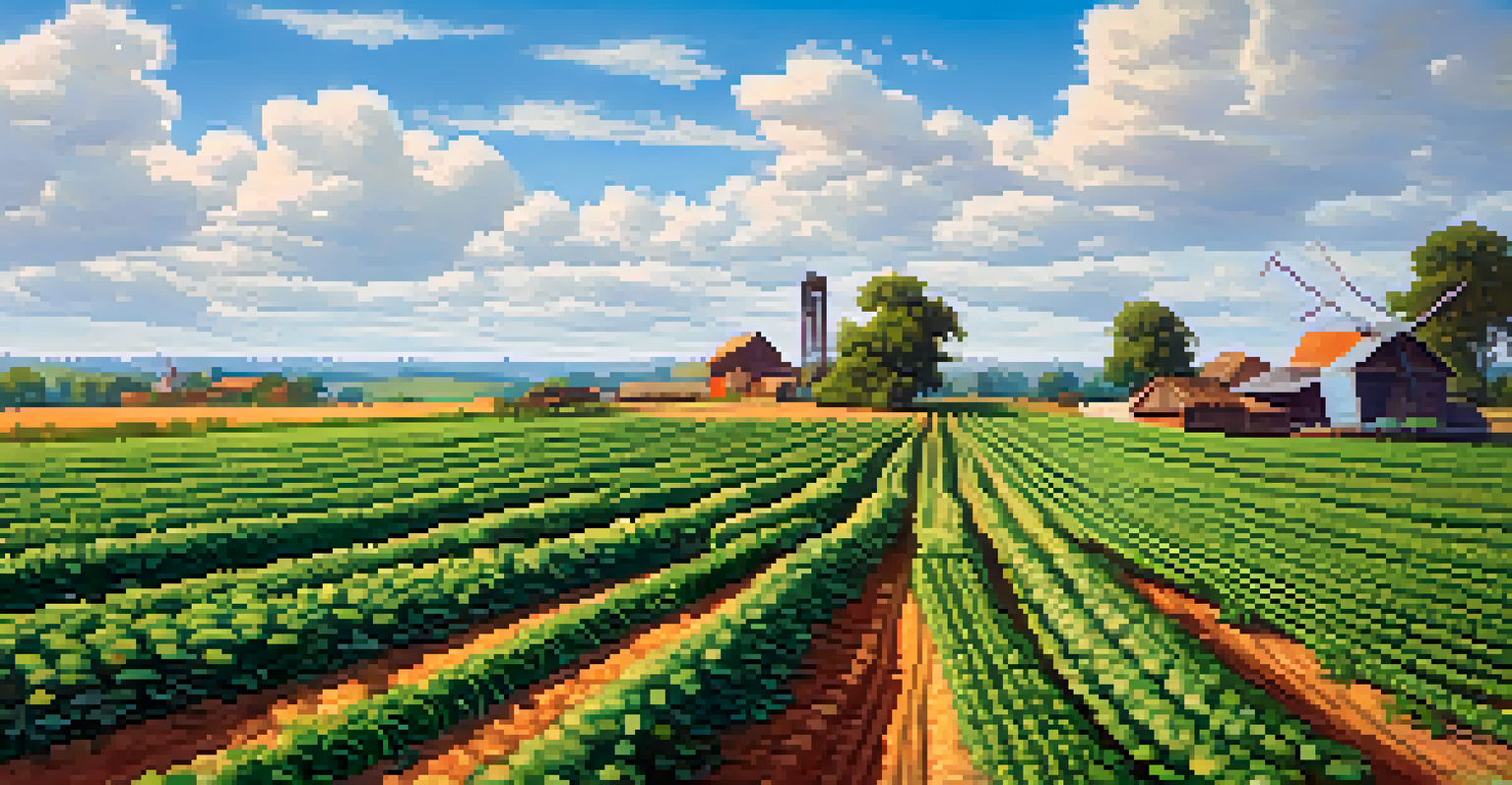 A lush green farm with rows of diverse crops under a clear blue sky, showcasing sustainable agriculture.