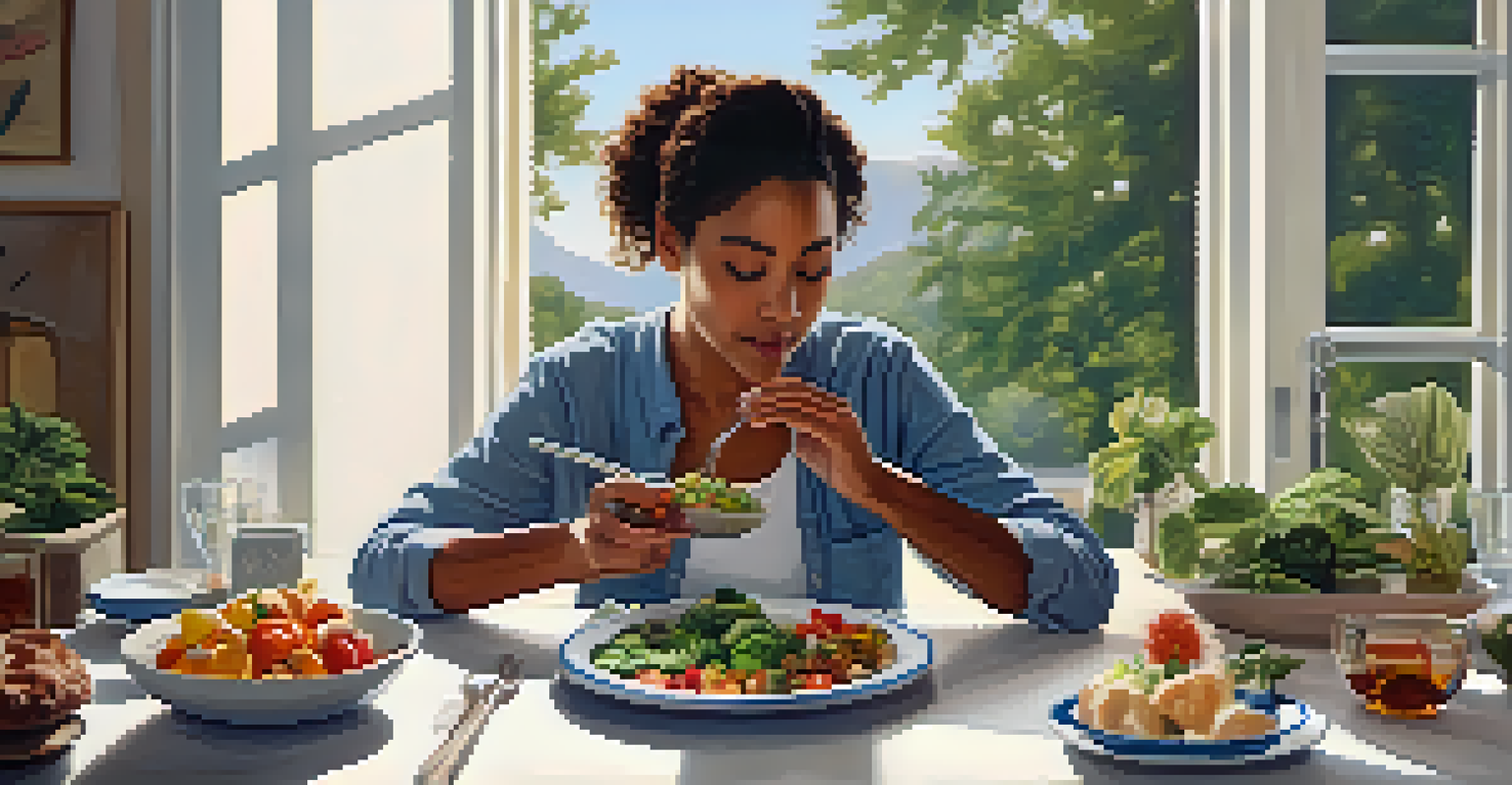 A person enjoying a nutritious meal at a dining table, practicing mindful eating.