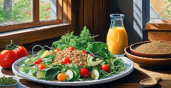 A colorful vegetarian meal with a salad, quinoa, and sliced fruits on a wooden table, illuminated by soft natural light.