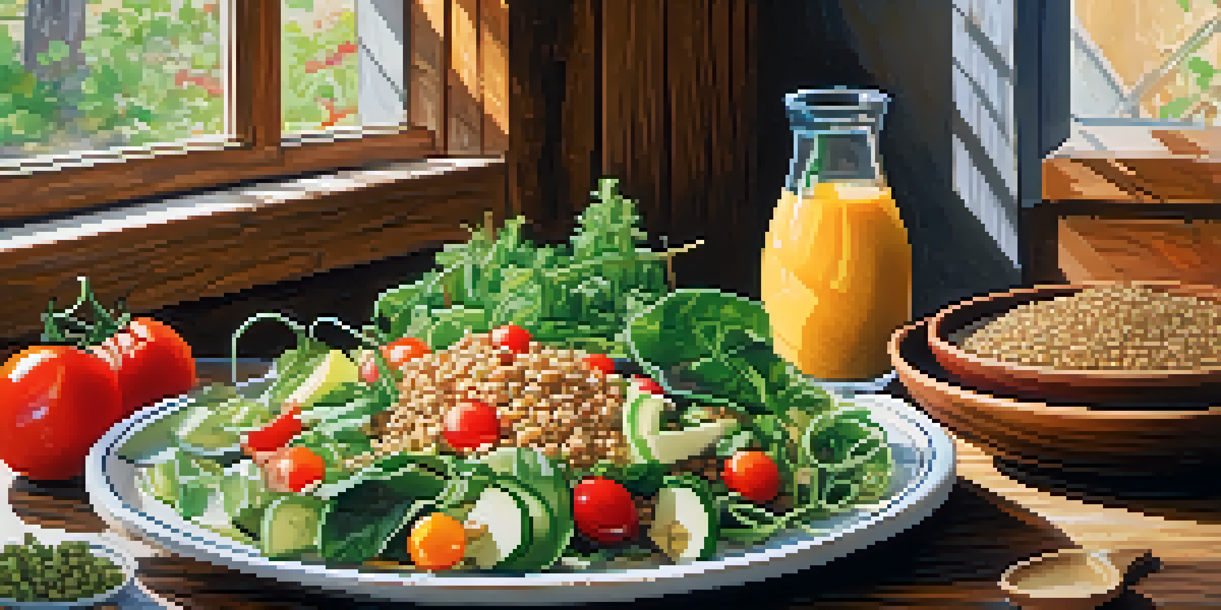 A colorful vegetarian meal with a salad, quinoa, and sliced fruits on a wooden table, illuminated by soft natural light.