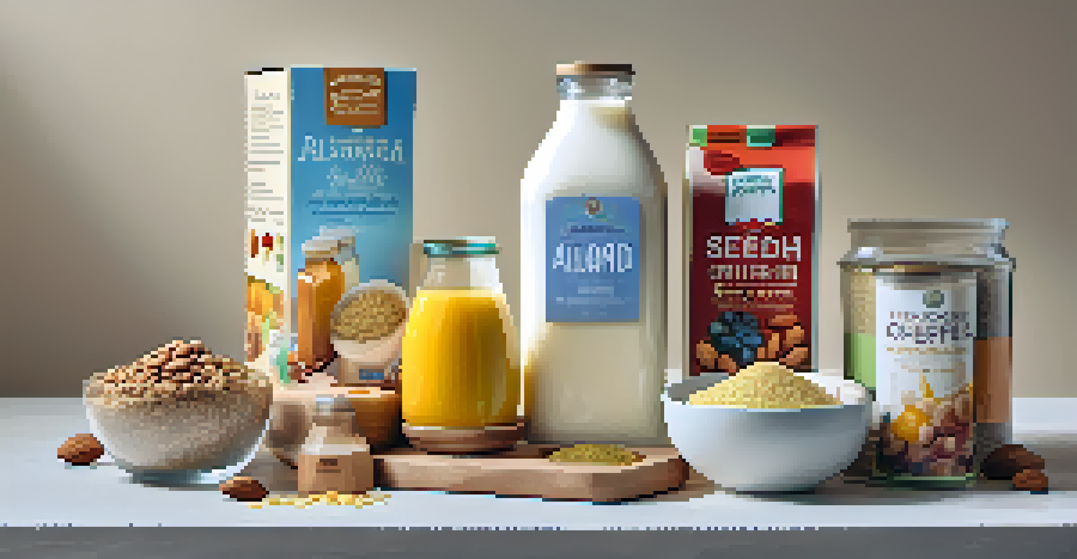 Fortified plant-based foods such as almond milk and nutritional yeast arranged in colorful bowls, with a neutral background and soft lighting.
