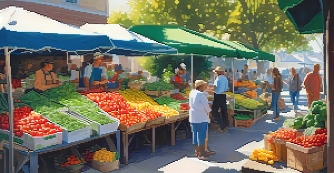 A bustling farmer's market filled with fresh vegetables and fruits, with vendors and customers interacting under warm sunlight.