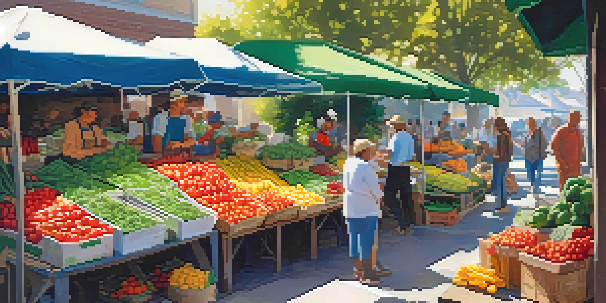 A bustling farmer's market filled with fresh vegetables and fruits, with vendors and customers interacting under warm sunlight.
