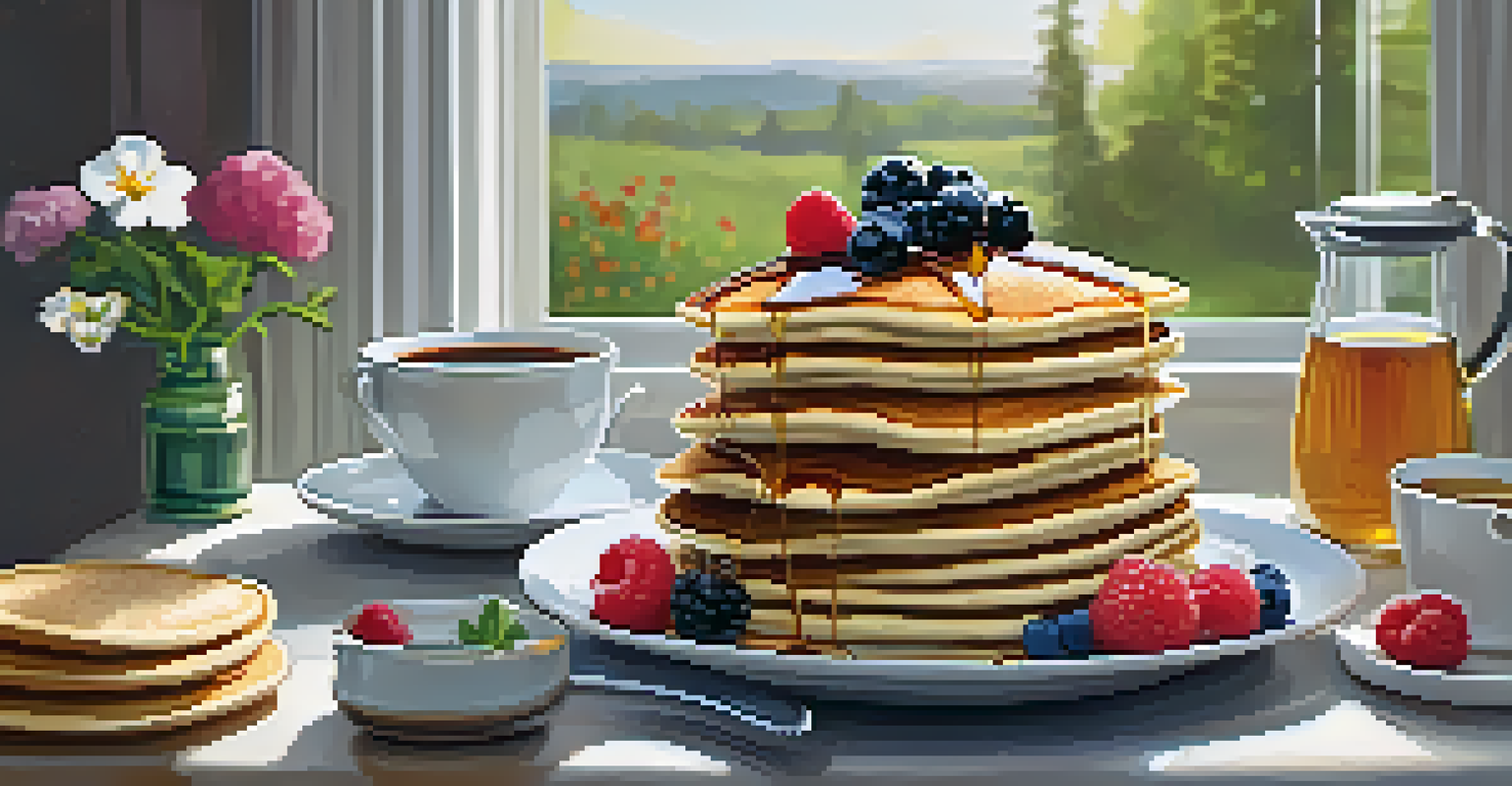 A stack of veggie-packed pancakes topped with fresh berries and maple syrup on a breakfast table.