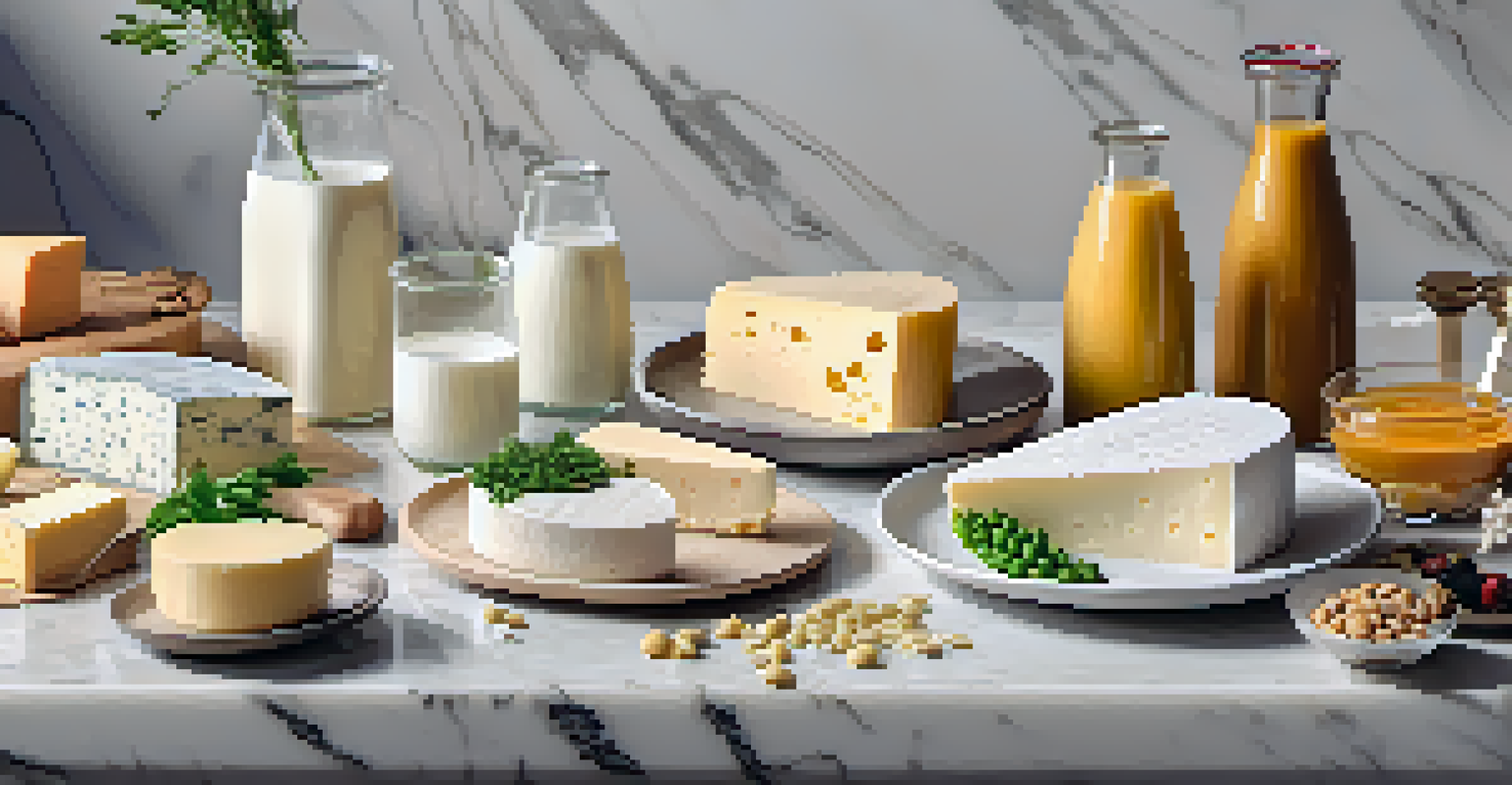 An arrangement of dairy-free products like oat milk and cheese on a marble countertop.