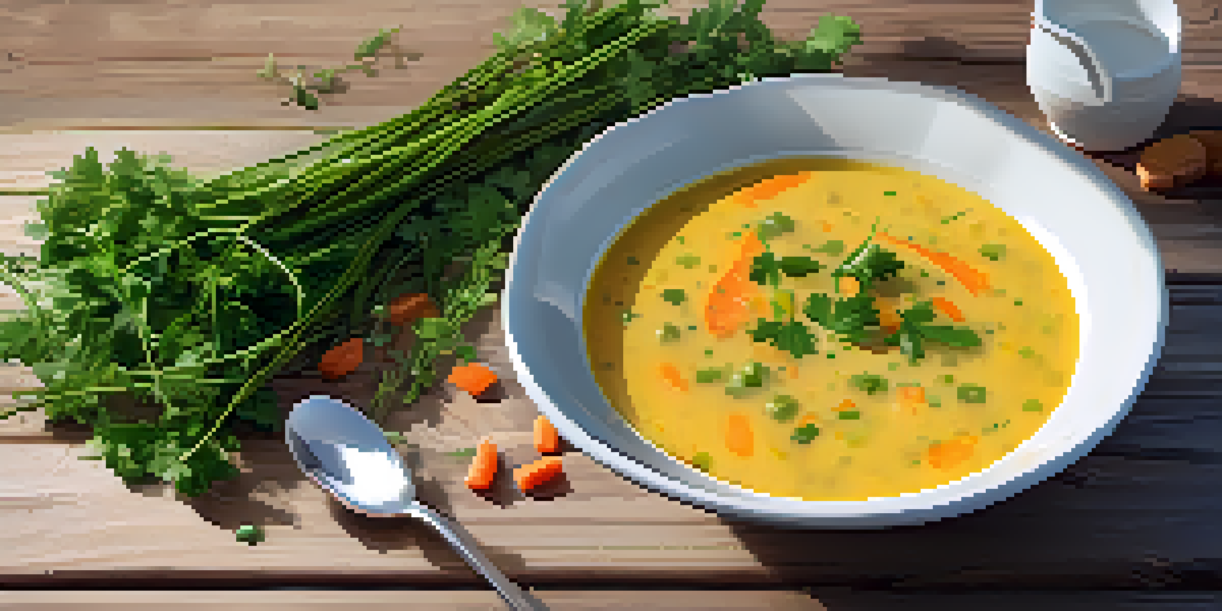 A bowl of creamy veggie soup with colorful vegetables and garnished with olive oil and parsley, on a rustic wooden table.