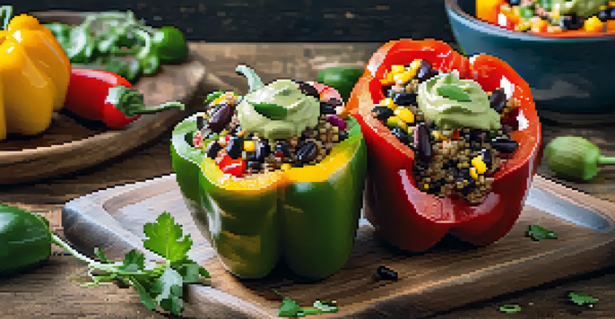 A variety of stuffed peppers filled with quinoa and beans on a wooden table, drizzled with avocado sauce.