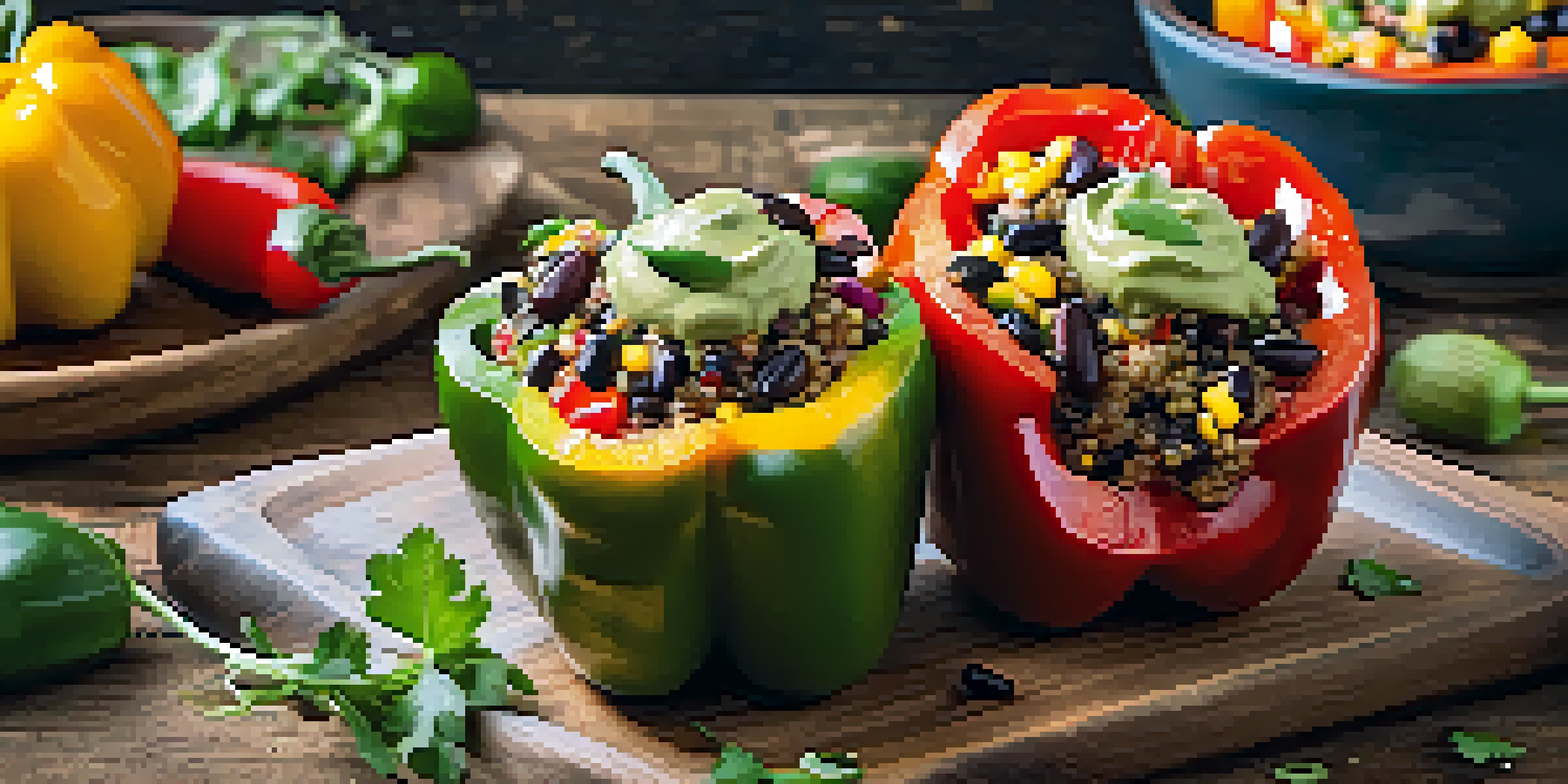 A variety of stuffed peppers filled with quinoa and beans on a wooden table, drizzled with avocado sauce.