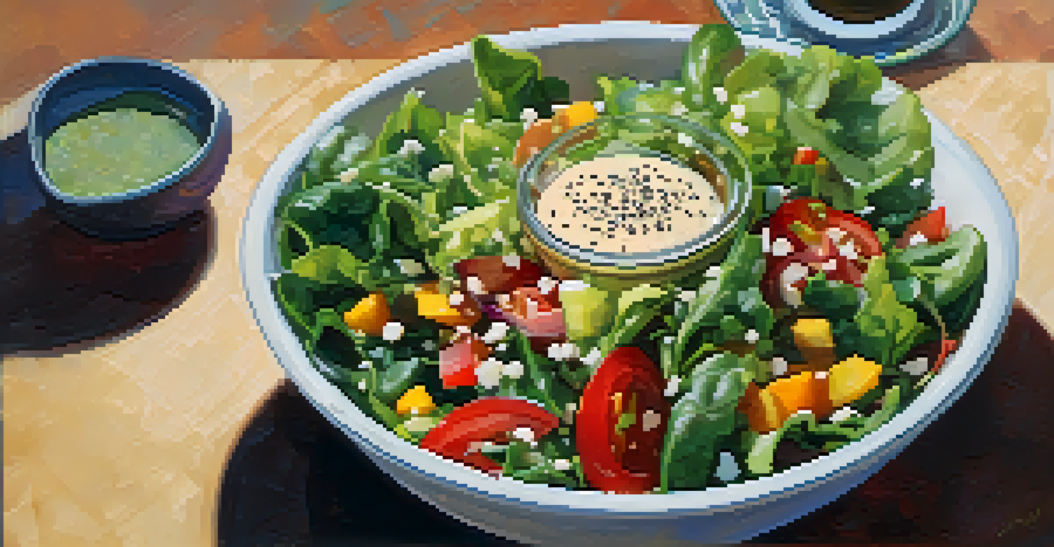 A close-up of a fresh salad with mixed greens and colorful vegetables, topped with sesame seeds and a shiny dressing.