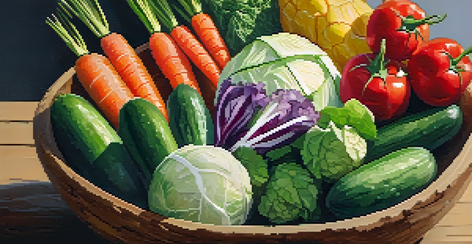A close-up of fresh vegetables like cucumbers, cabbage, and carrots in a wooden bowl with salt, illuminated by soft natural light.