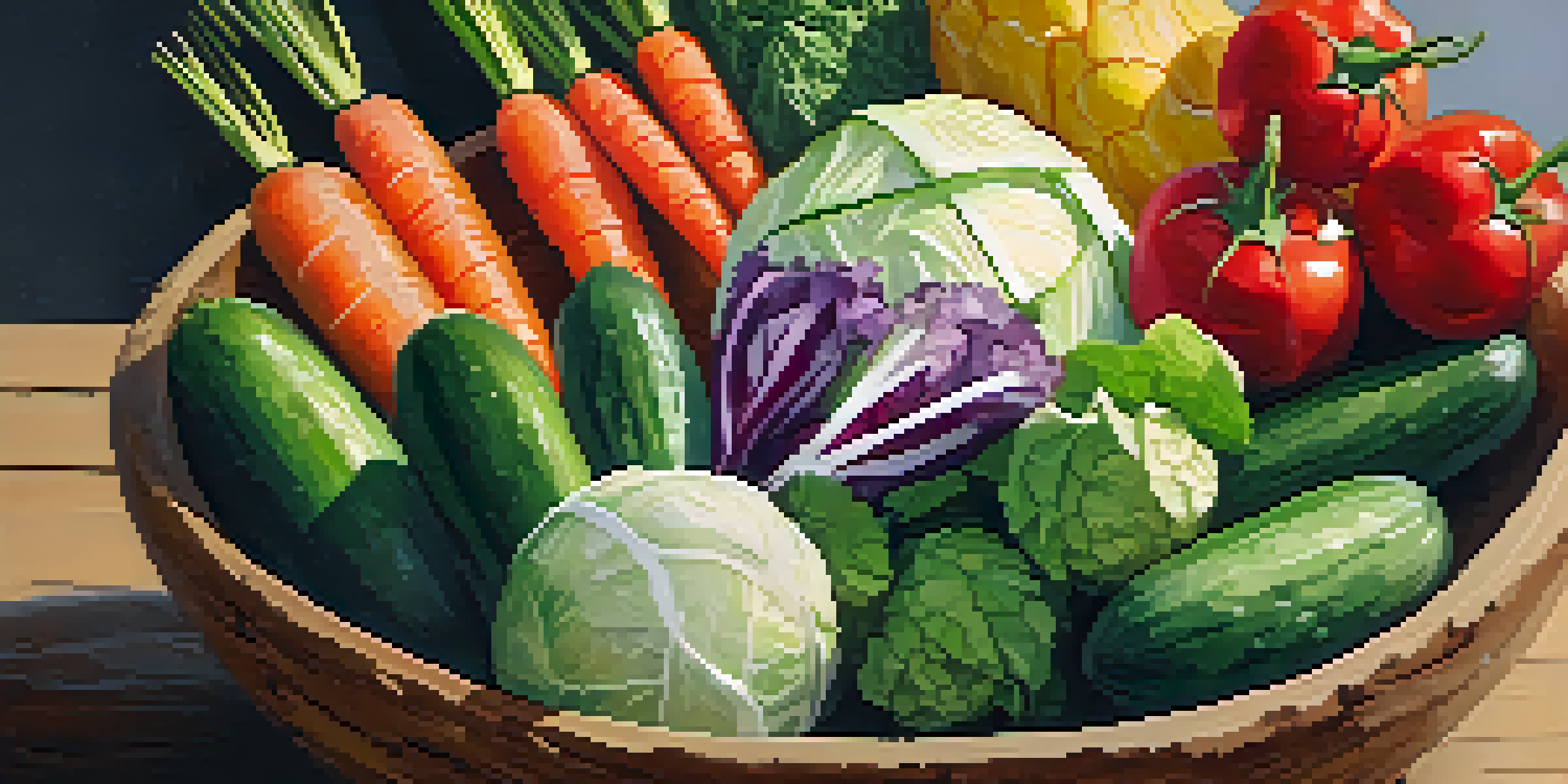 A close-up of fresh vegetables like cucumbers, cabbage, and carrots in a wooden bowl with salt, illuminated by soft natural light.