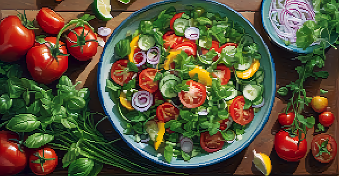A colorful salad featuring fresh herbs like basil, cilantro, and parsley on top, with various vibrant vegetables visible.