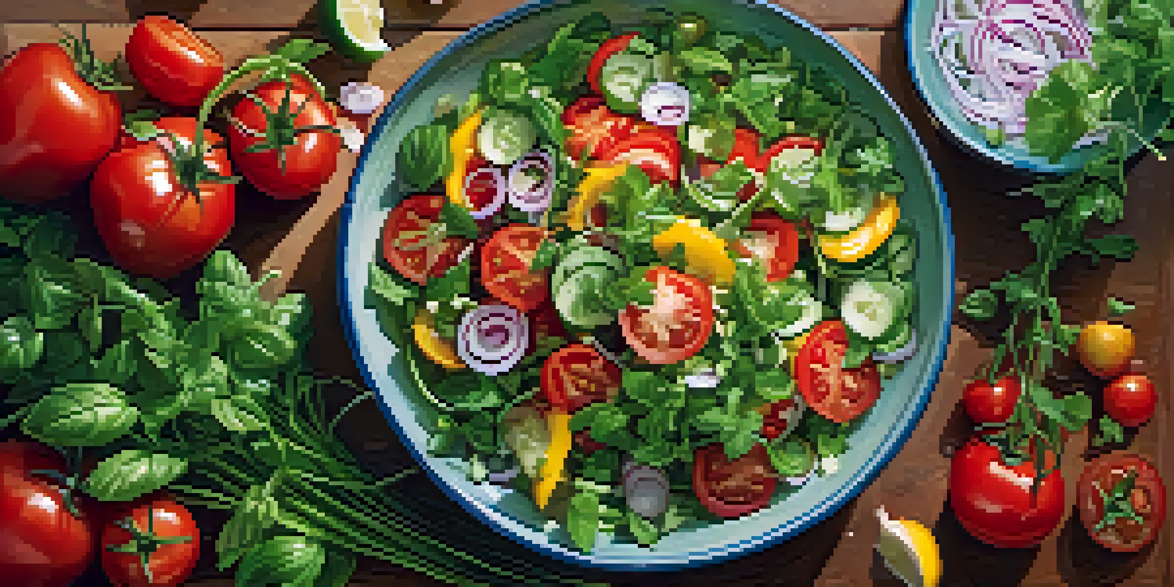 A colorful salad featuring fresh herbs like basil, cilantro, and parsley on top, with various vibrant vegetables visible.