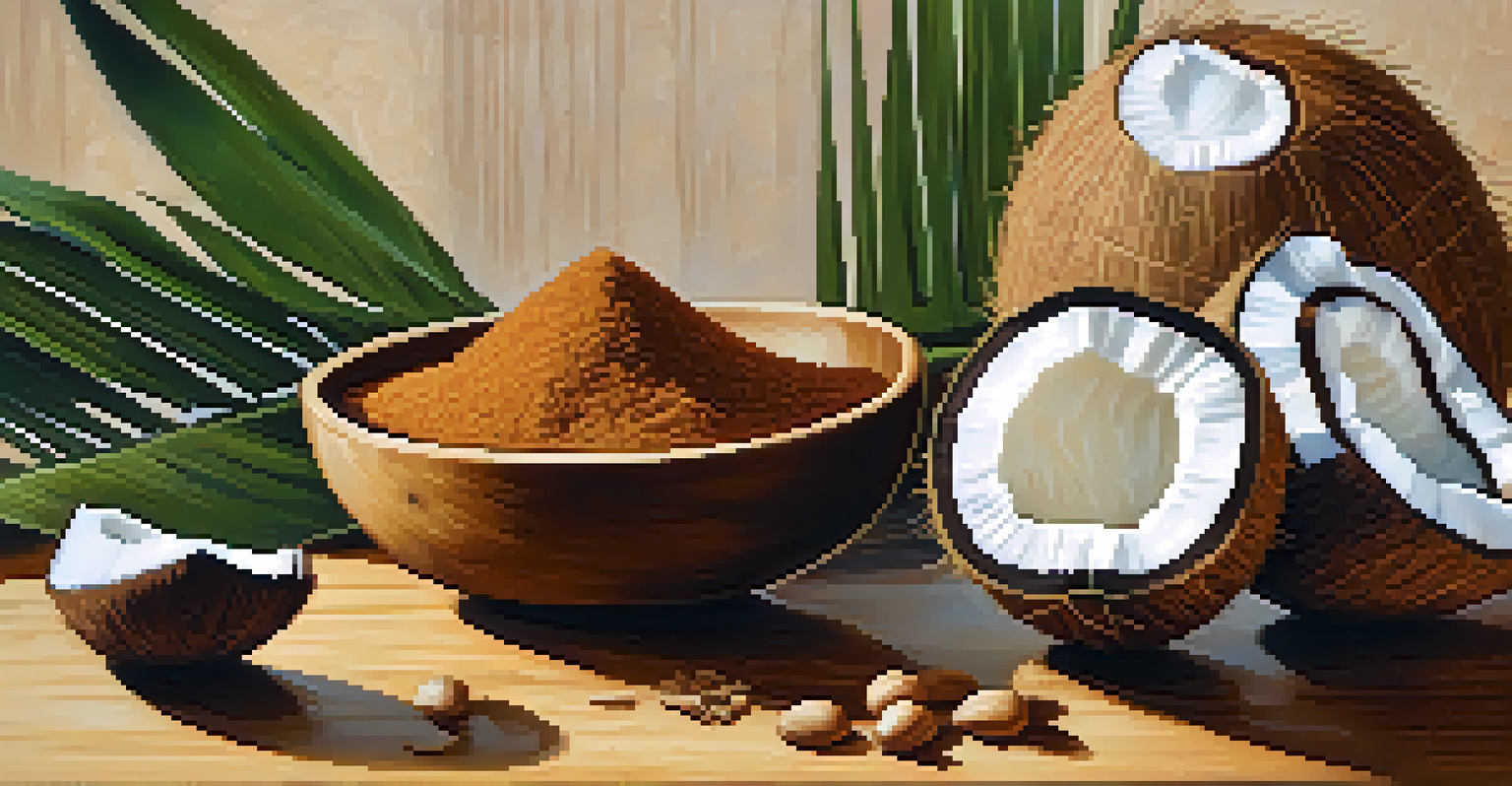 Close-up of coconut sugar in a wooden bowl with fresh coconuts and greenery around, showcasing its texture.