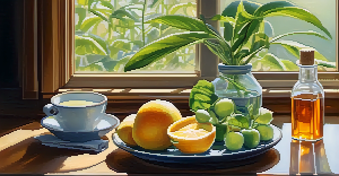 A table setting with various plant-based sweeteners, fresh fruits, and a potted plant, illuminated by warm sunlight.