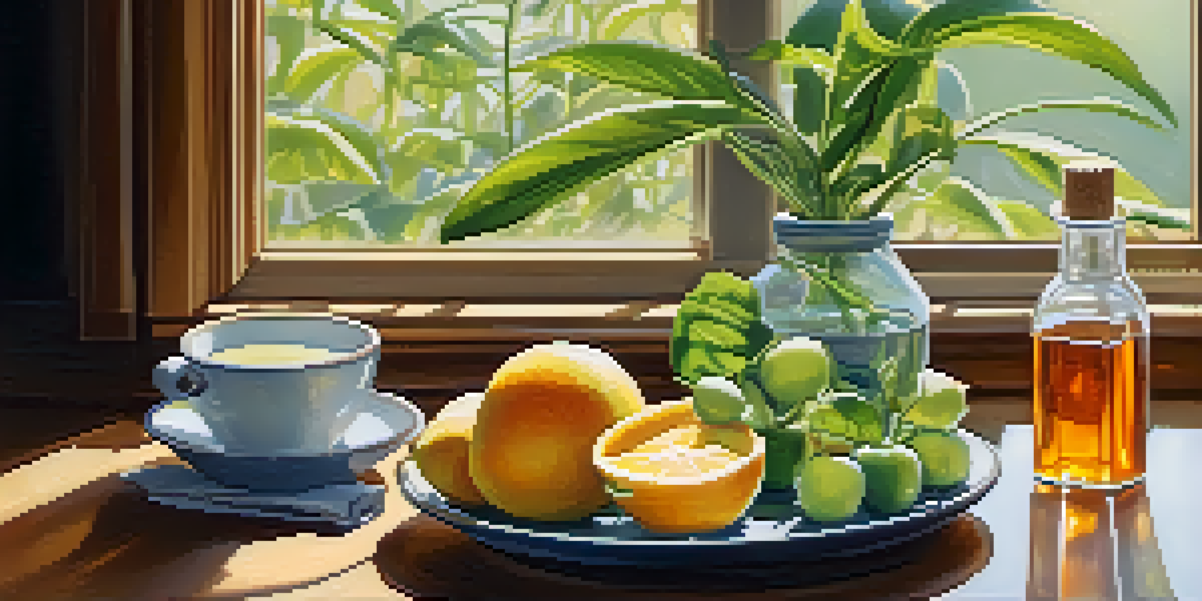 A table setting with various plant-based sweeteners, fresh fruits, and a potted plant, illuminated by warm sunlight.