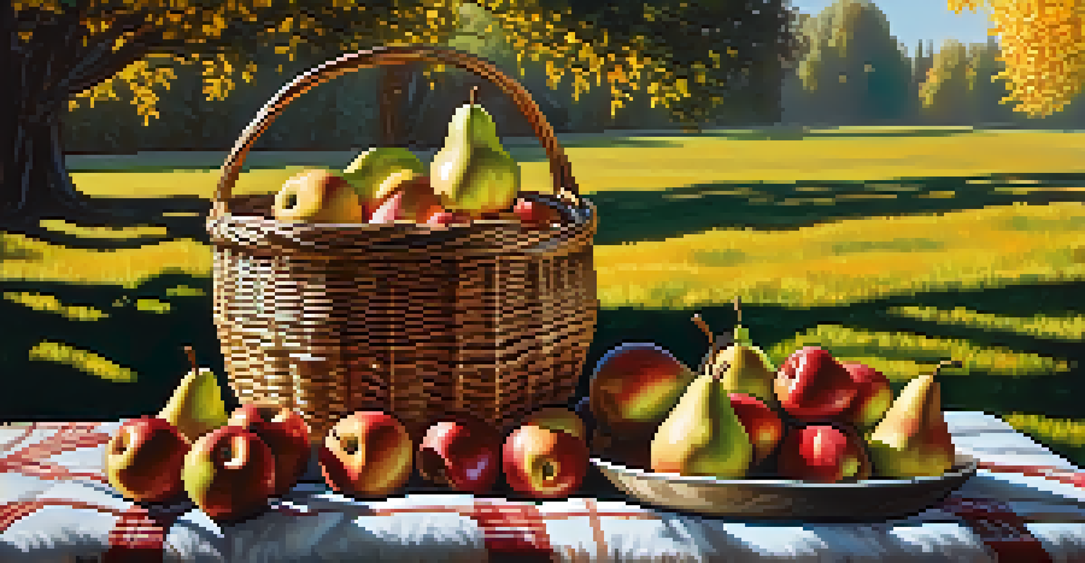 A basket of apples and pears on a picnic blanket in an orchard during autumn.