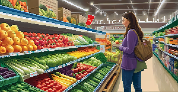 A grocery store aisle with fresh fruits and vegetables, and a shopper looking at a product label with a 'Certified Vegetarian' seal.