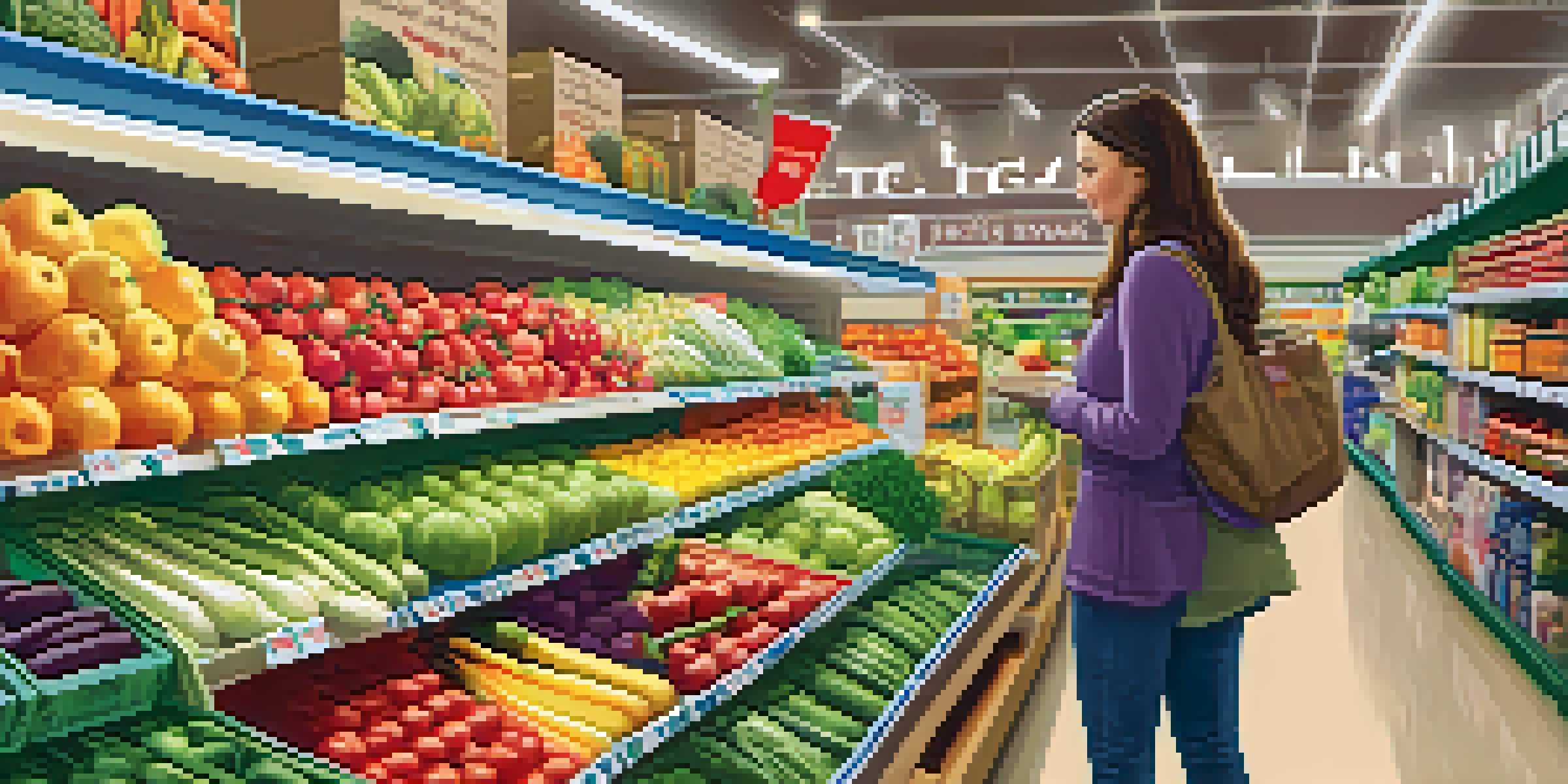 A grocery store aisle with fresh fruits and vegetables, and a shopper looking at a product label with a 'Certified Vegetarian' seal.