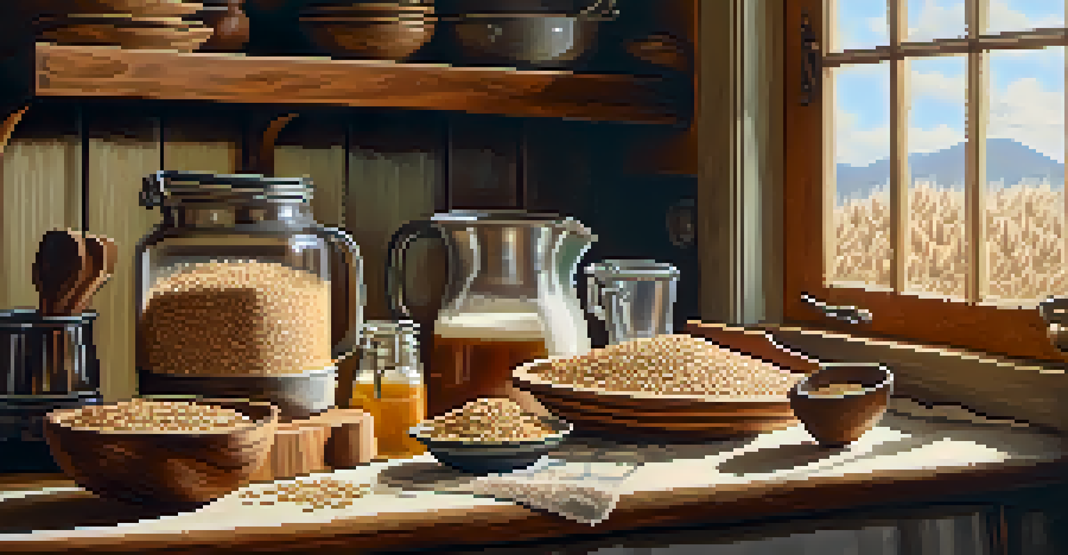 A rustic kitchen table with whole grain ingredients like oats and farro, illuminated by sunlight.