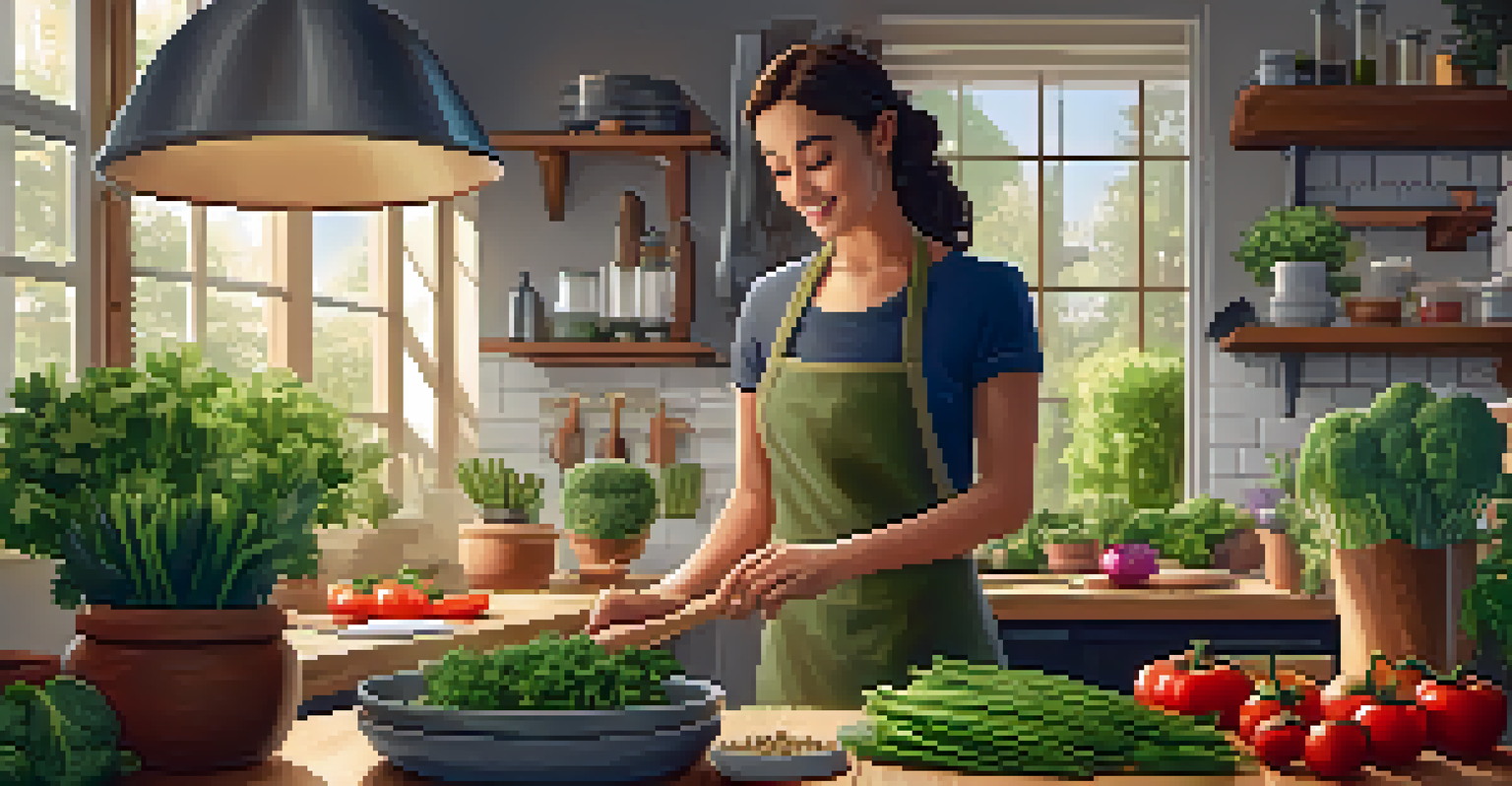 A person preparing a vegetarian meal in a cozy kitchen with fresh vegetables on the countertop.