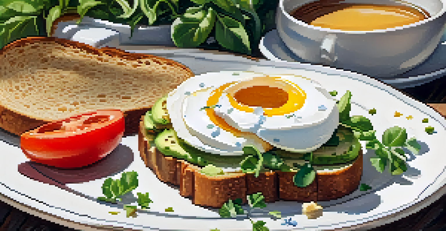 A plate of avocado toast with tomatoes, feta cheese, and a poached egg on whole-grain bread.