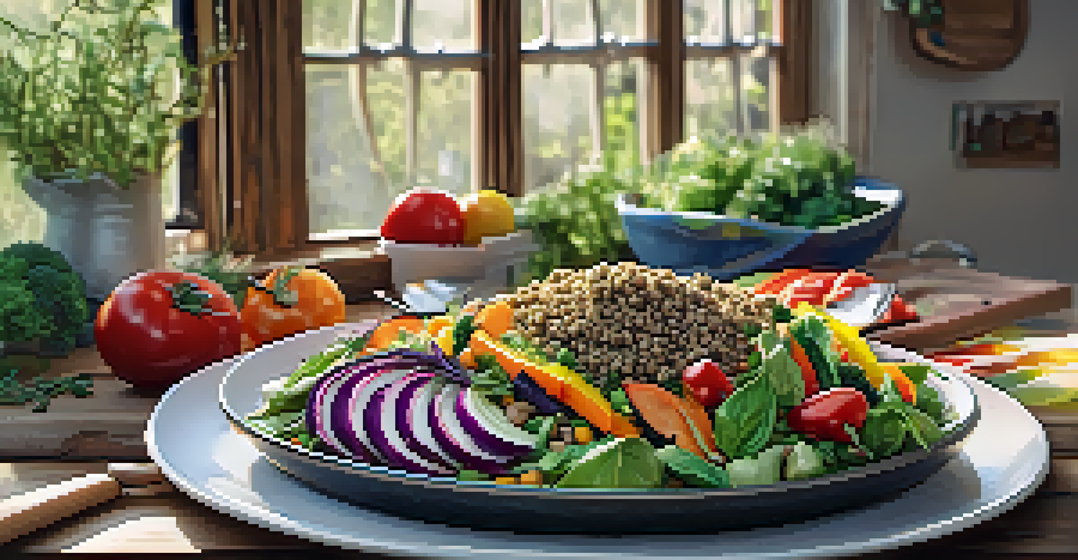 A close-up of a plate with colorful plant-based meals in a rustic kitchen, highlighting the textures of the food.