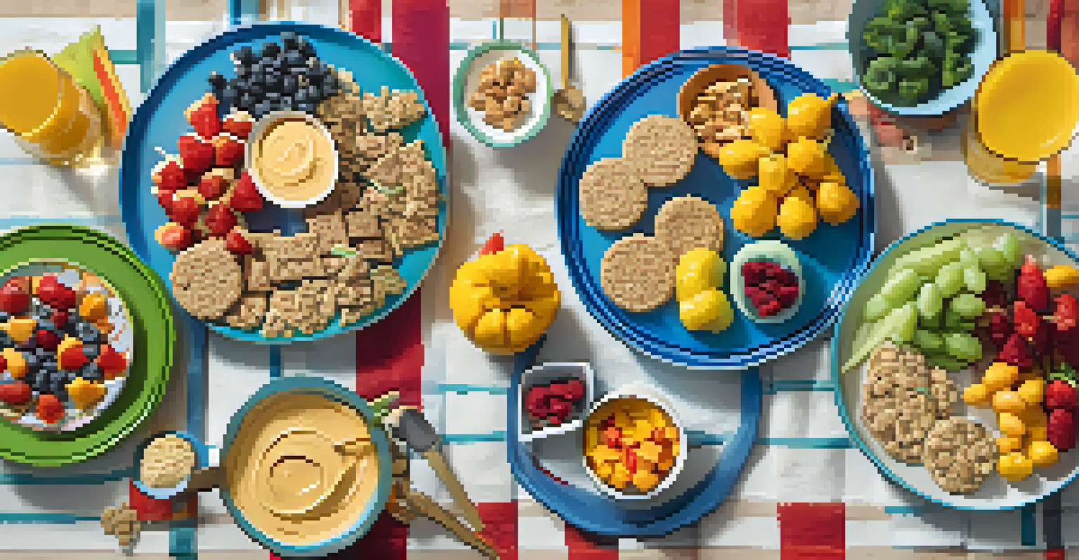 A snack table filled with healthy vegetarian options like hummus with veggies, fruit skewers, and granola bars, set with colorful plates.
